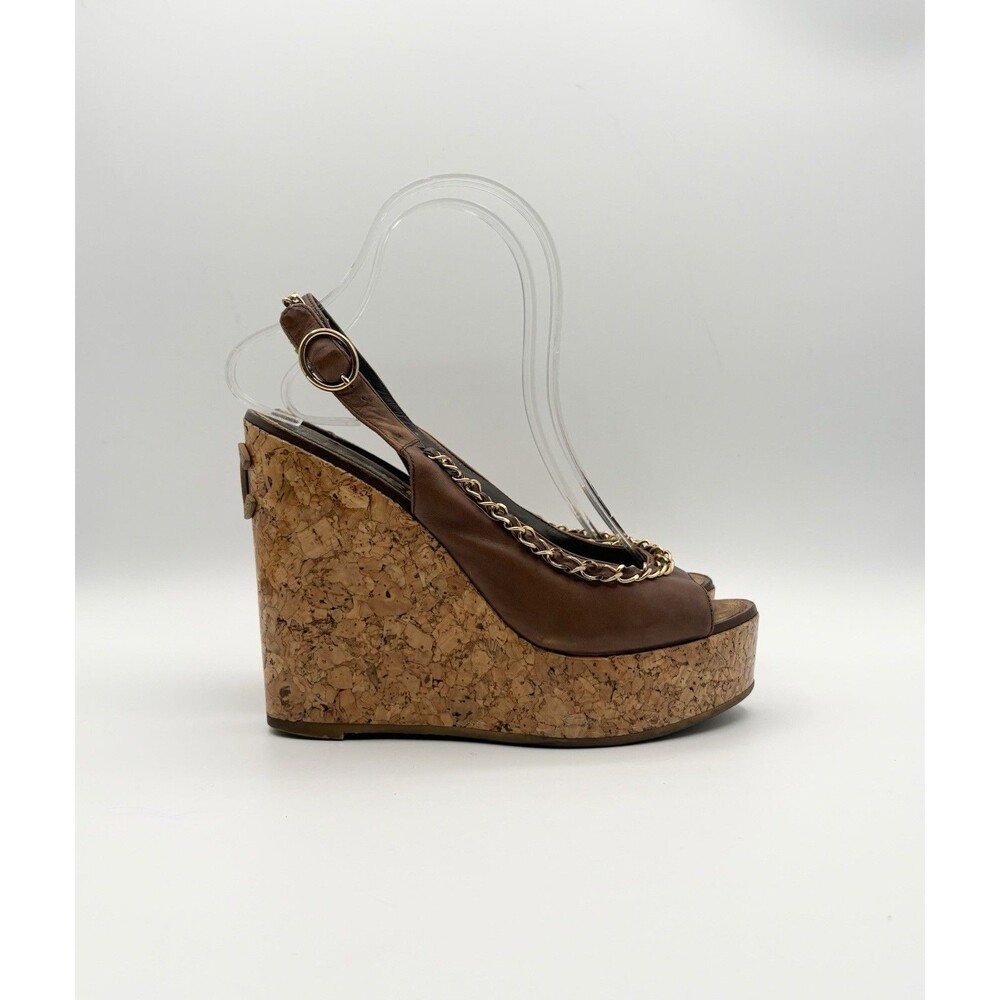 Chanel Brown Leather Cork Platform Wedges Chain Detail CC Sandals Size EU 37